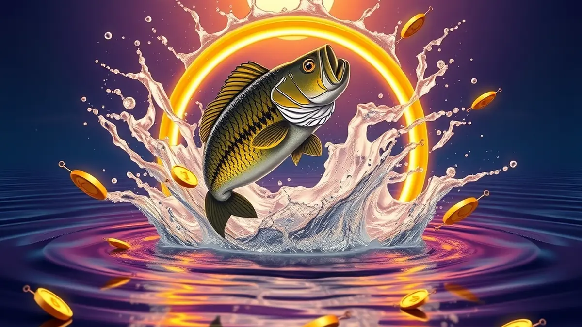 Bass splashing from a lake surrounded by glowing golden multiplier rings