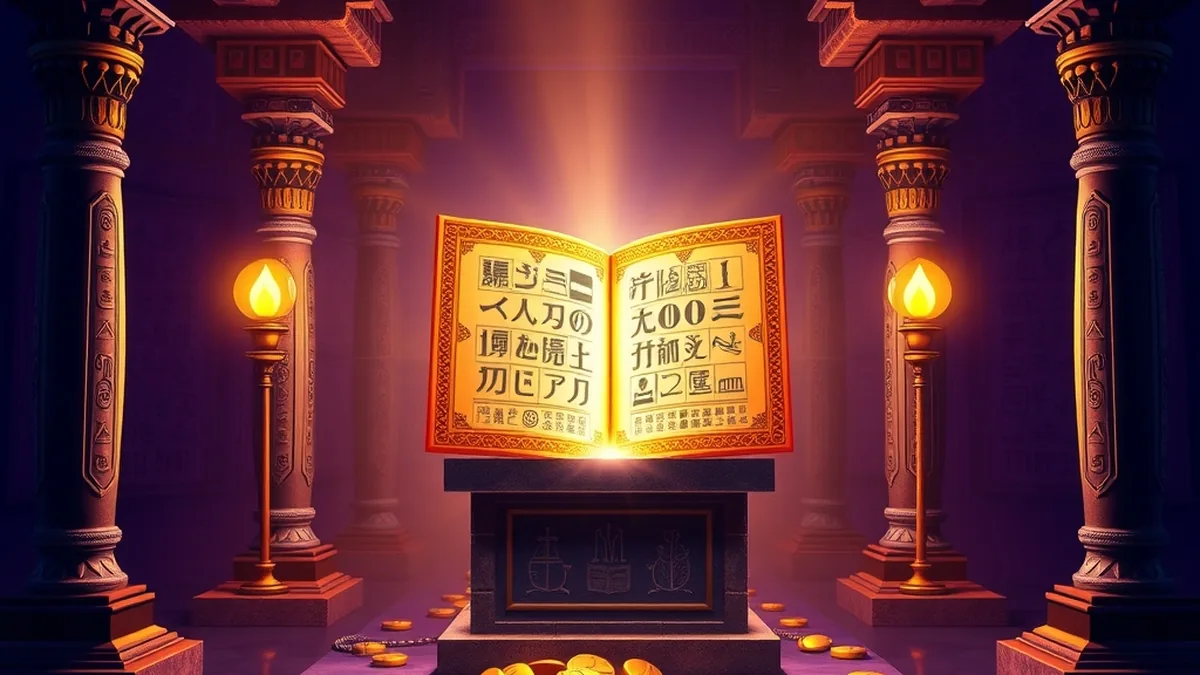 Golden book glowing in an Egyptian tomb triggering free spins