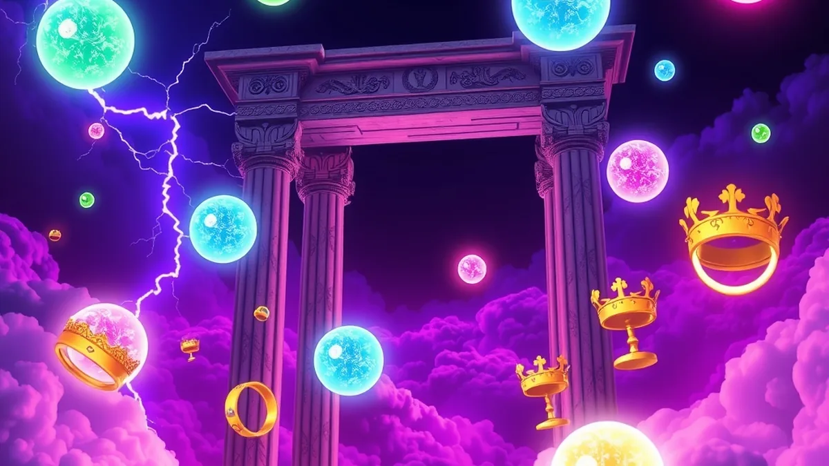 Lightning striking glowing multiplier orbs before marble temple gates in the clouds