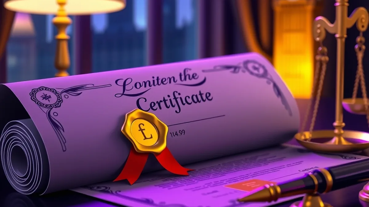 Sealed licence certificate with scales and pen on a dark desk