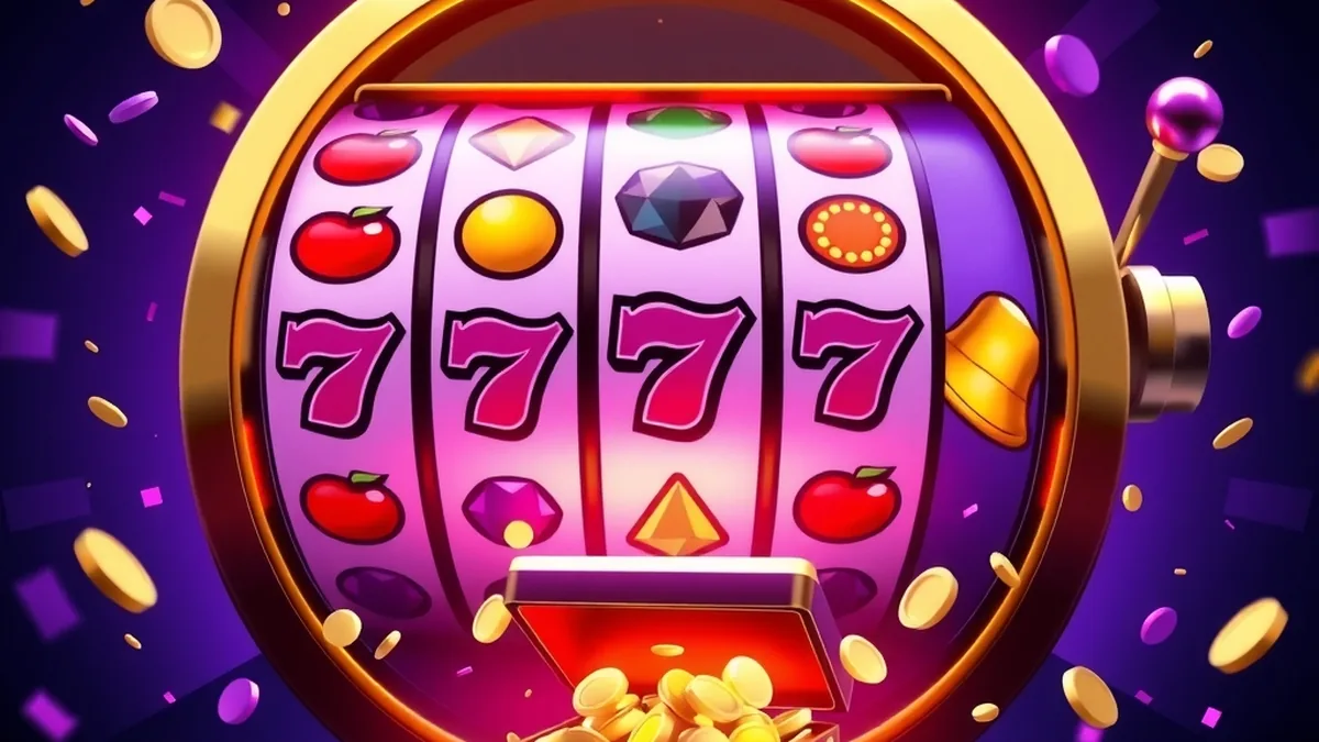 Spinning slot reels with confetti and gift box for free spins bonus