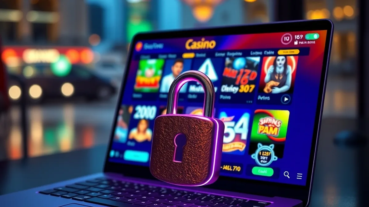 Laptop with blurred casino lobby and golden padlock for secure login