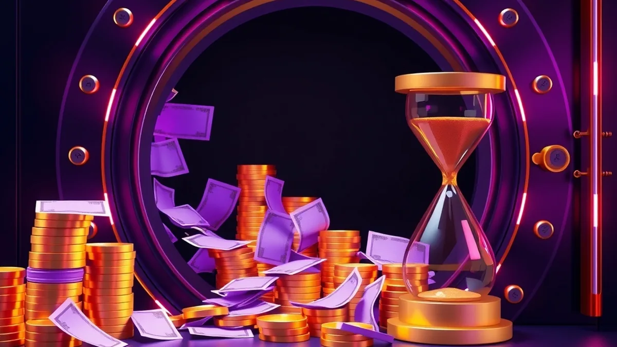 Gold coins flowing from a vault beside an hourglass for withdrawal time